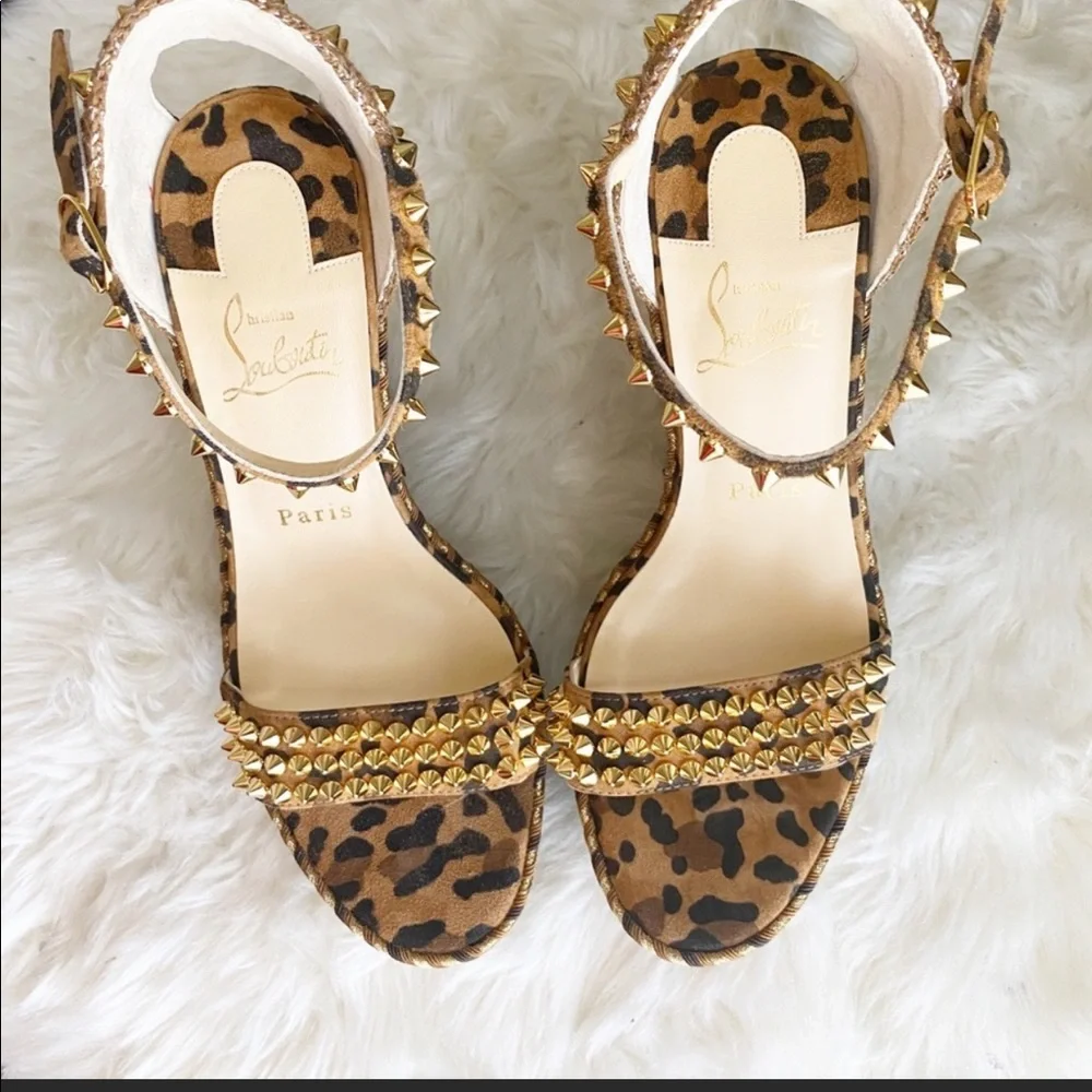 Christian Louboutin Leopard Print Studded Wedge Sandals in Tan and Gold